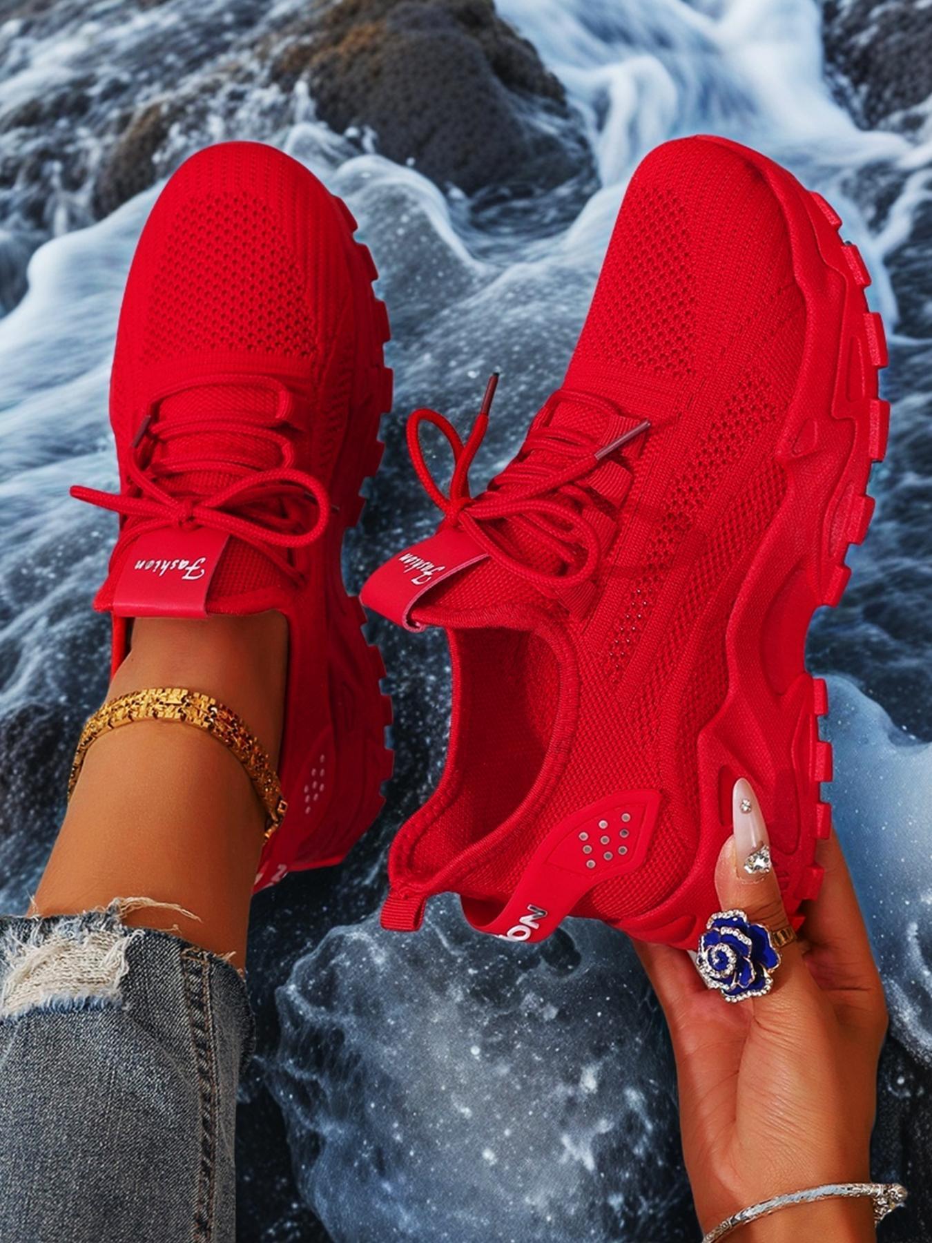 Women’s Fashion Red Sneakers – Chunky Sole, Breathable Mesh Upper, Trendy Casual Athletic Shoes for Walking, Travel & Streetwear; Ideal for Teens and Young Women, Mesh Fabric Sneakers