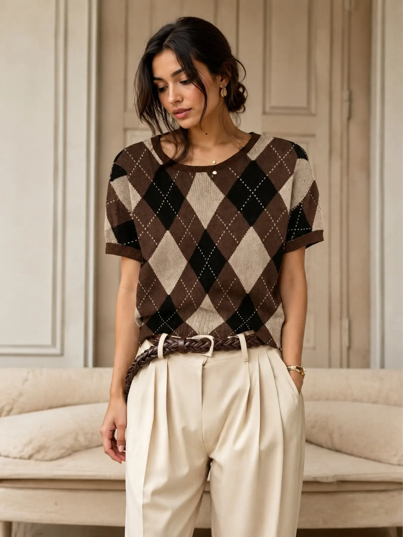 Women's Summer, British Argyle Print Short Sleeve Pullover Knitwear, Chic Vintage Commute Top, Casual Versatile Vacation Style