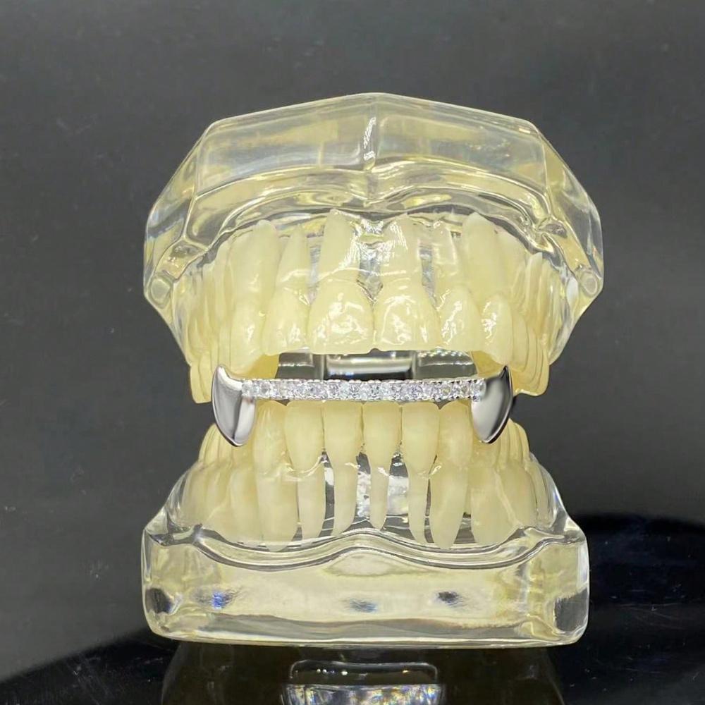 2pcs Set of Hip Hop Tiger Tooth Grillz with Sparkling Cubic Synthetic Zirconia - Golden Copper Teeth Jewelry for Music Festivals, Parties & Everyday Glam Oral