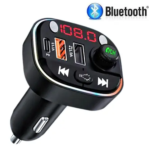 Black-1pc Car Bluetooth FM Transmitter Car Accessories - 12V-24V Vehicle Adapter with 3 USB Charge Ports, 18W, BT5.0 Stable Link, 6 Visual EQ Modes, 5V/1A USB Flash Drive Support, Hands-Free Calling, 7-Color LED Backlit, TF Card Compatibility, MP3 Player