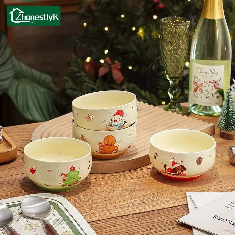 4Pcs Cute Snowman Christmas Tree Ceramic Bowl Kawaii Soup Bowl Home Kitchen Noodle Ramen Tableware Bowl Christmas Gift