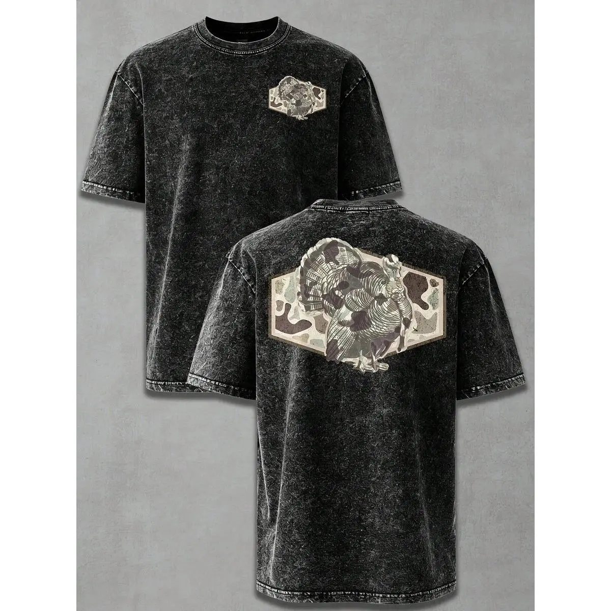 Men's Distressed Washed Turkey Print Short-Sleeve T-Shirt - American Retro Outdoor Hunting Menswear Top, Loose Round Neck, For Hunting Enthusiasts, Plus-Size Unisex Summer Casual Tshirt, Shortsleeve