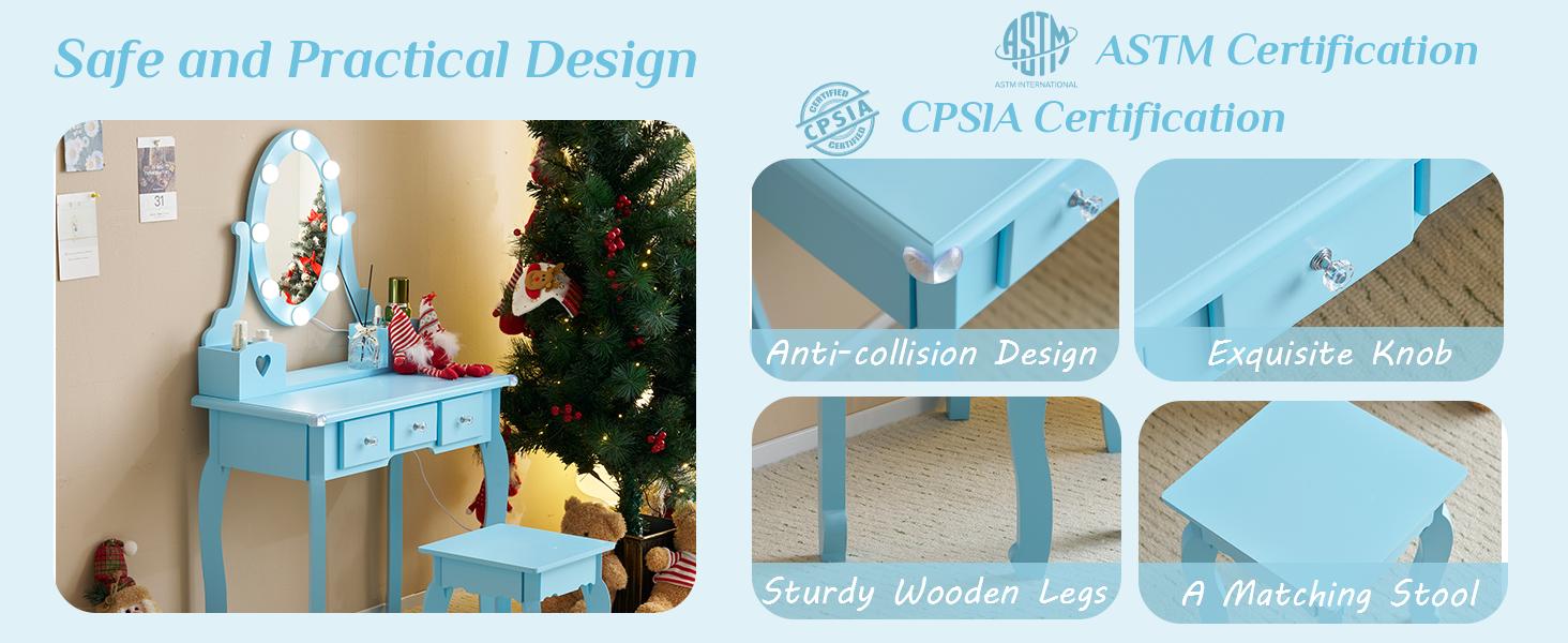 Karlhome Kids Vanity Table and Chair Set, Princess MDF Dressing Table with 3-Color LED Lighted Mirror and 3 Drawers, Lovely Waved Design for Toddler's Bedroom and Playroom Decor, Macaroon