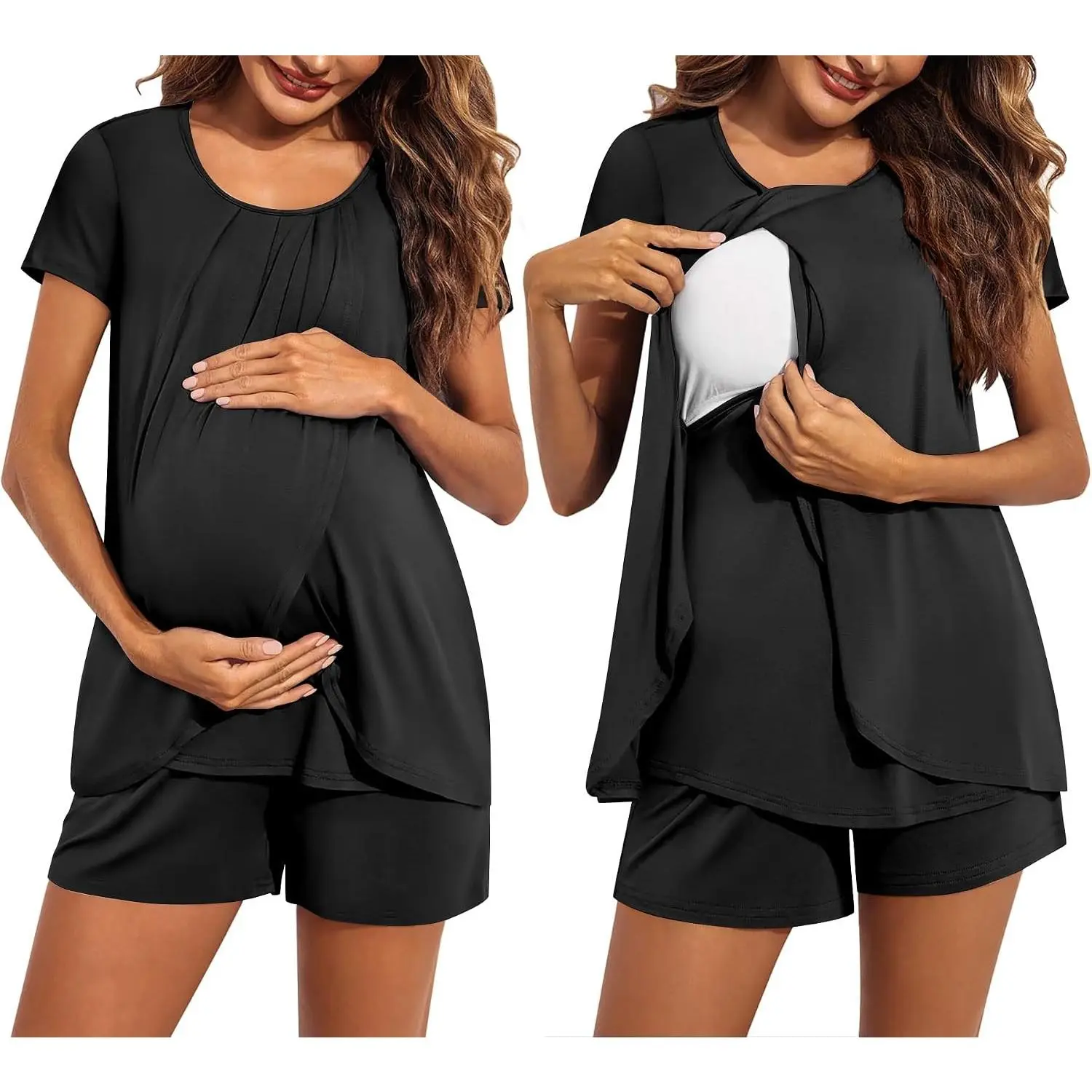 Women's Maternity Nursing Pajamas Set Breastfeeding Sleepwear Pjs | Double Layer Short Sleeve Top & Shorts Nursing Pjs | Friendly and Easy Breast Feeding | Postpartum Lounge Set for Hospital