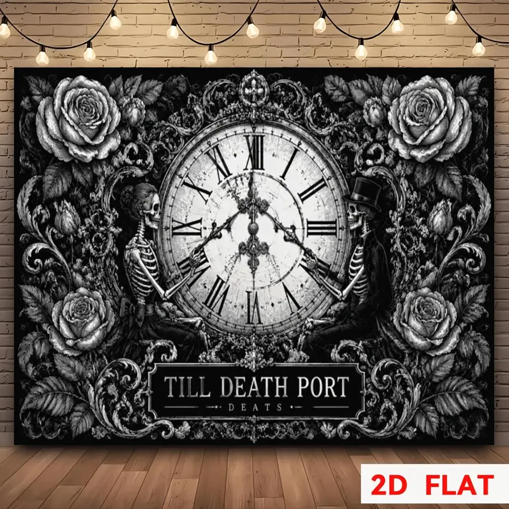 Glam Vintage Gothic Polyester Event Backdrop - 2D Flat HD Digitally Printed Photography Cloth, Skeleton Roses Clock Decor, Soft Lightweight Foldable for Events, Parties