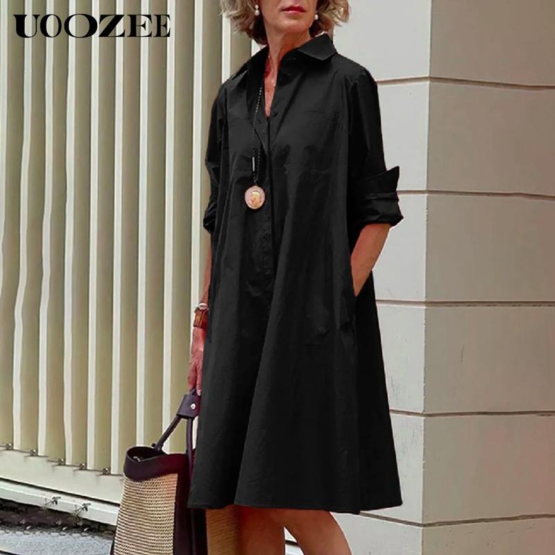 UOOZEE- LIVE Women's Long Sleeves Solid Color Lapel Maxi Dresses Midi Dresses Summer White