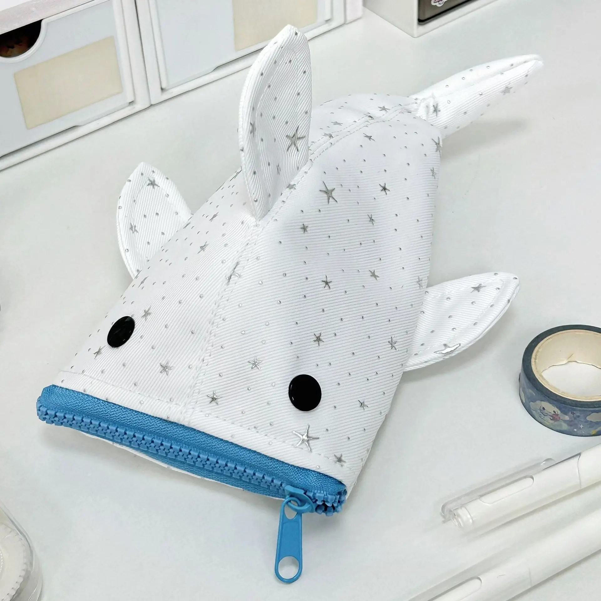 Cute 3D Shark Shaped Canvas Pencil Case, Star Print Novelty Stationery Pouch, Large Capacity Cartoon Pen Bag, Aesthetic Student School Supplies Storage Bag for Teens Kids