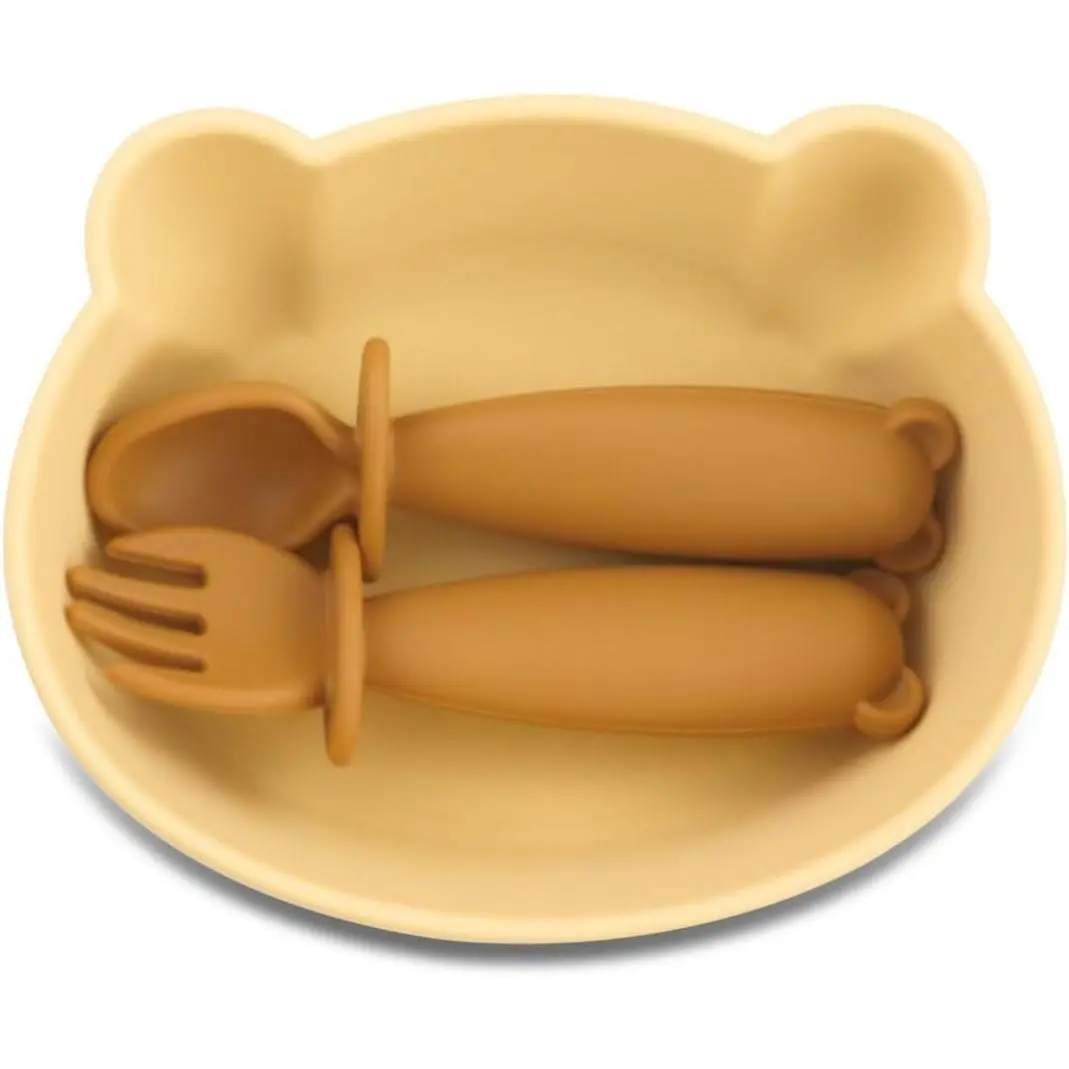 Silicone Bear-Shaped Baby Bowl with Suction, Spoon & Fork Set for Babies 6+ Months, BLW Infant Feeding Essentials, BPA Free, Dishwasher Safe(Gift)