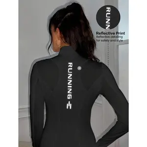 1pc Women'S Casual Athletic Jacket Long Sleeve Outerwear Mesh Contrast Zipper Thumb Hole Back Reflective Letter Print Soft Comfortable Suitable Exercise Fitness Yoga Running Cycling