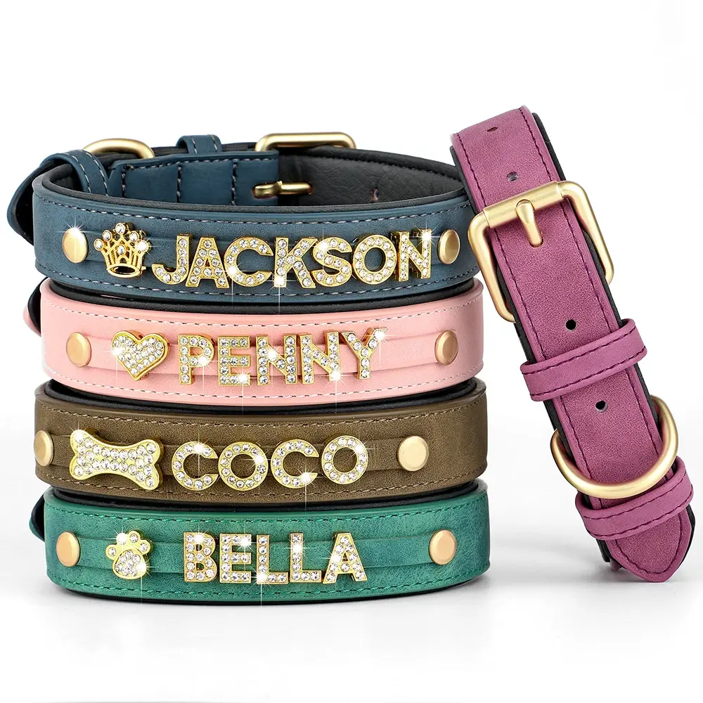 Personalized Leather Dog Collar with Custom Name Charms – Premium Adjustable Pet Accessory for Small to Large Breeds