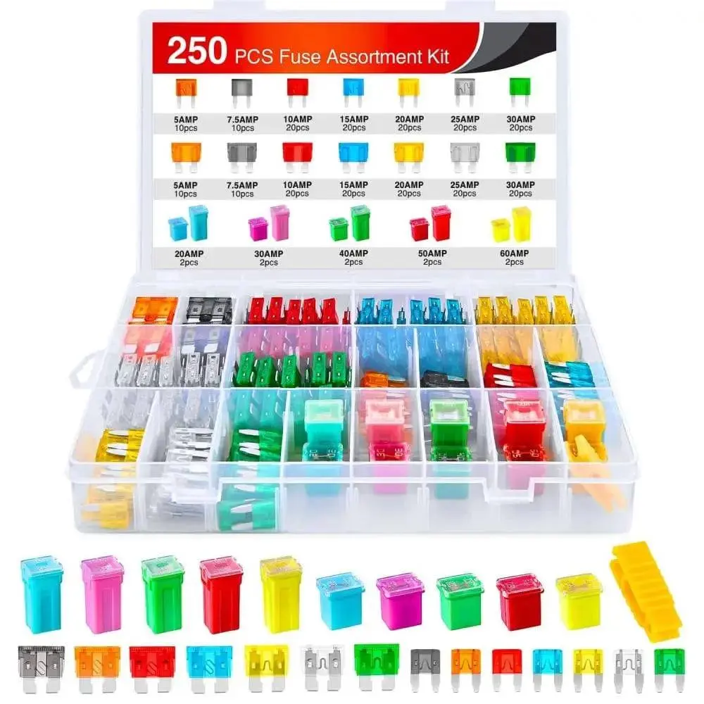 Nilight 250-Pcs Blade Jcase Car Fuse Assortment Kit - Zinc/Copper Construction, Overload Guard, Compatible with Cars, Trucks, Mini Vehicles, RVs, Multiple Amps