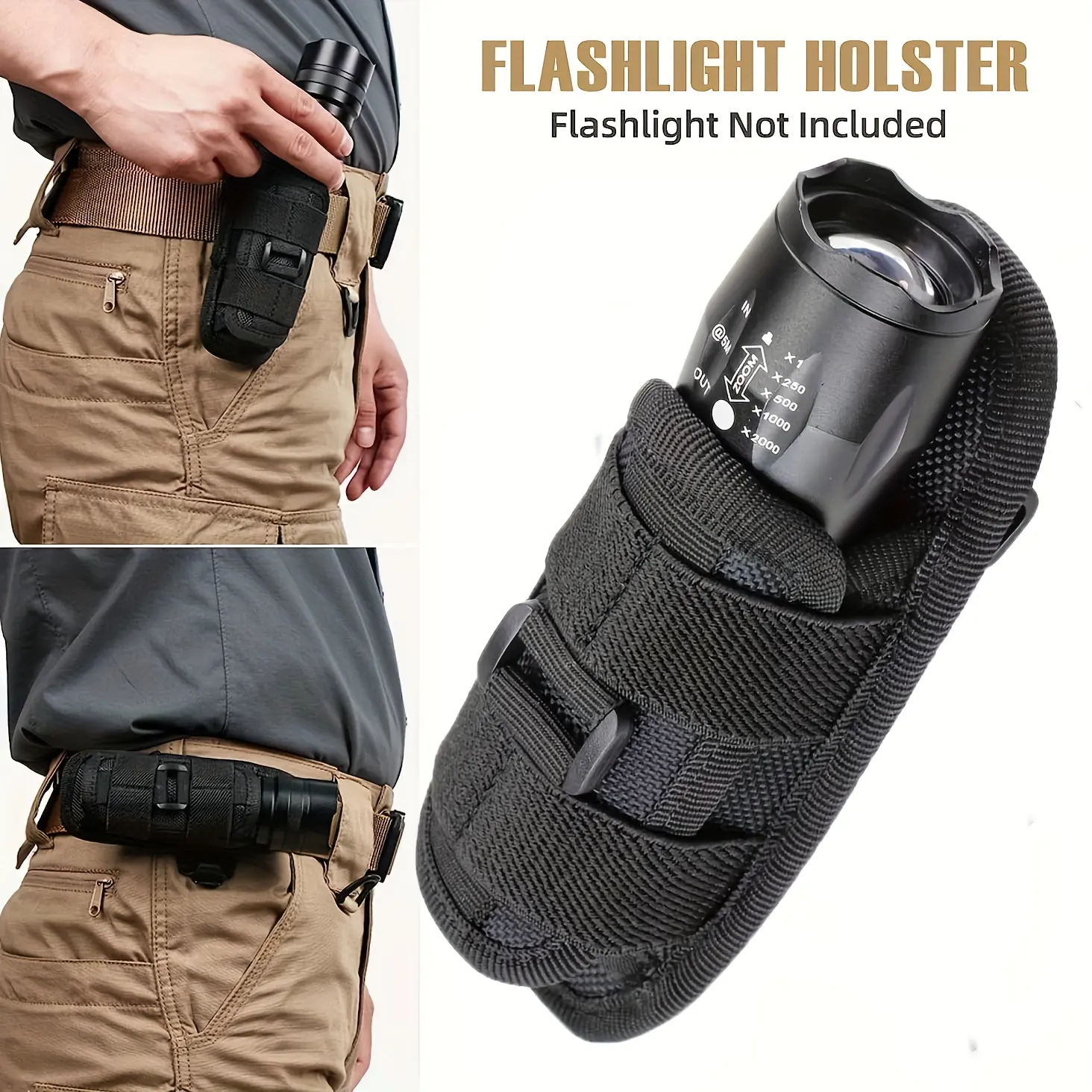 1/2pcs Tactical Flashlight Pouch Holster (with 360 °   Rotatable Belt Clip), Mobile Flashlight Holder installed on shoulders, thighs, arms, and waist.