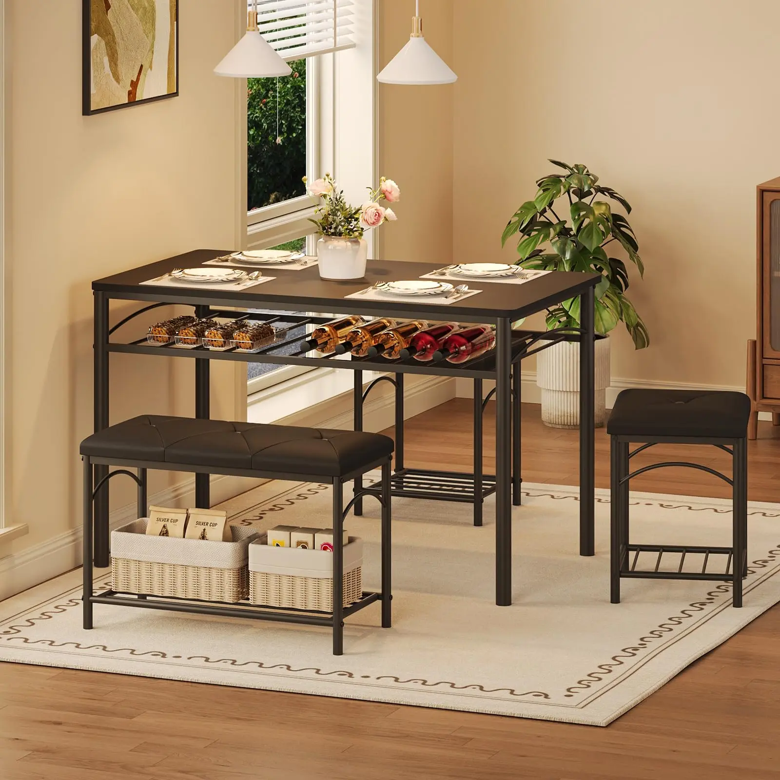 Garvee 4-Piece Dining Set for Small Spaces Featuring a Metal Frame, Upholstered Bench, 2 Stools, and Storage Shelf - Ideal for Kitchen or Dining Room