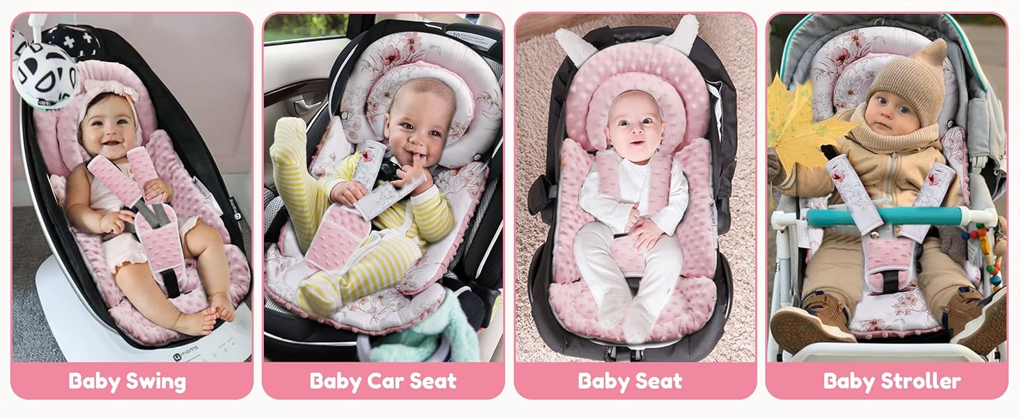 Infant Car Seat Insert with Removable Cushion for Baby Preemie Newborn Infant, Reversible carseat Insert Head Body Support Fits for Stroller, Baby Swing, Rocker, Bouncer, Bassinet - Pink