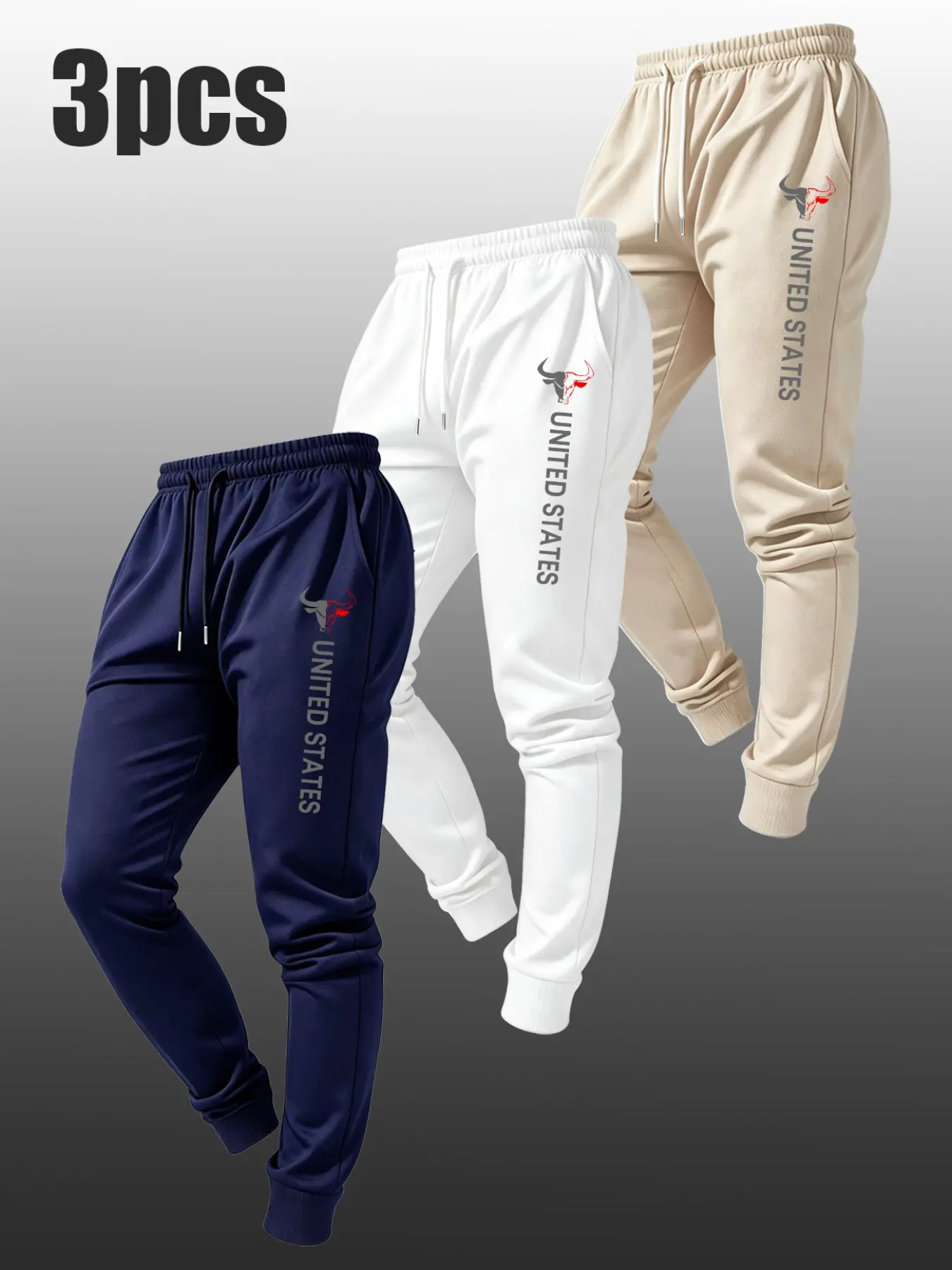 3 Pack Mens Elastic Waist Drawstring Jogger Pants Bull Head United States Vertical Side Letter Graphic Print Tapered Cuffed Casual Sweatpants For Gym Travel Daily Street Leisure Outfit#BullHeadPrintPants #VerticalSideTextSweatpants