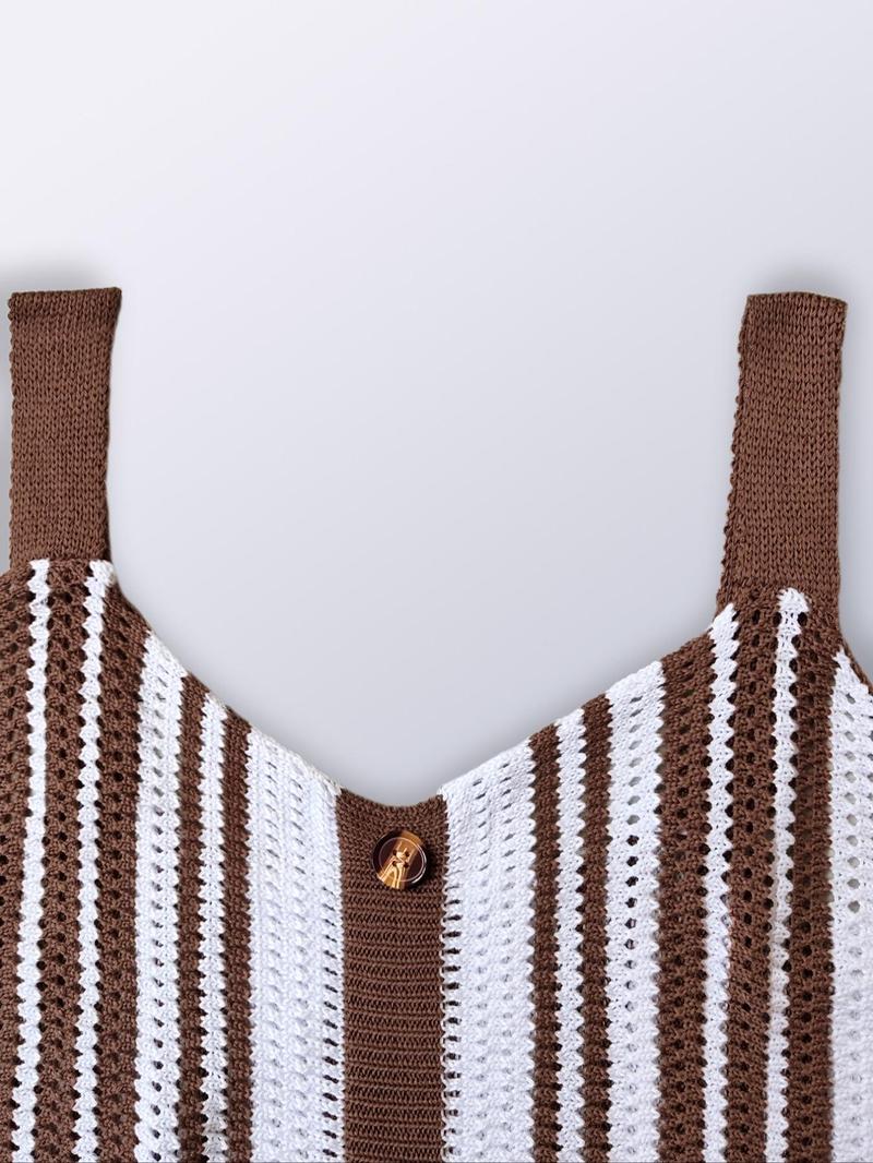 Women's Colorblock Striped Print Fake Buttons Hollow Out Sweater Vest, Casual Sleeveless Straps Knit Top for Summer, Ladies Clothes for Daily Wear