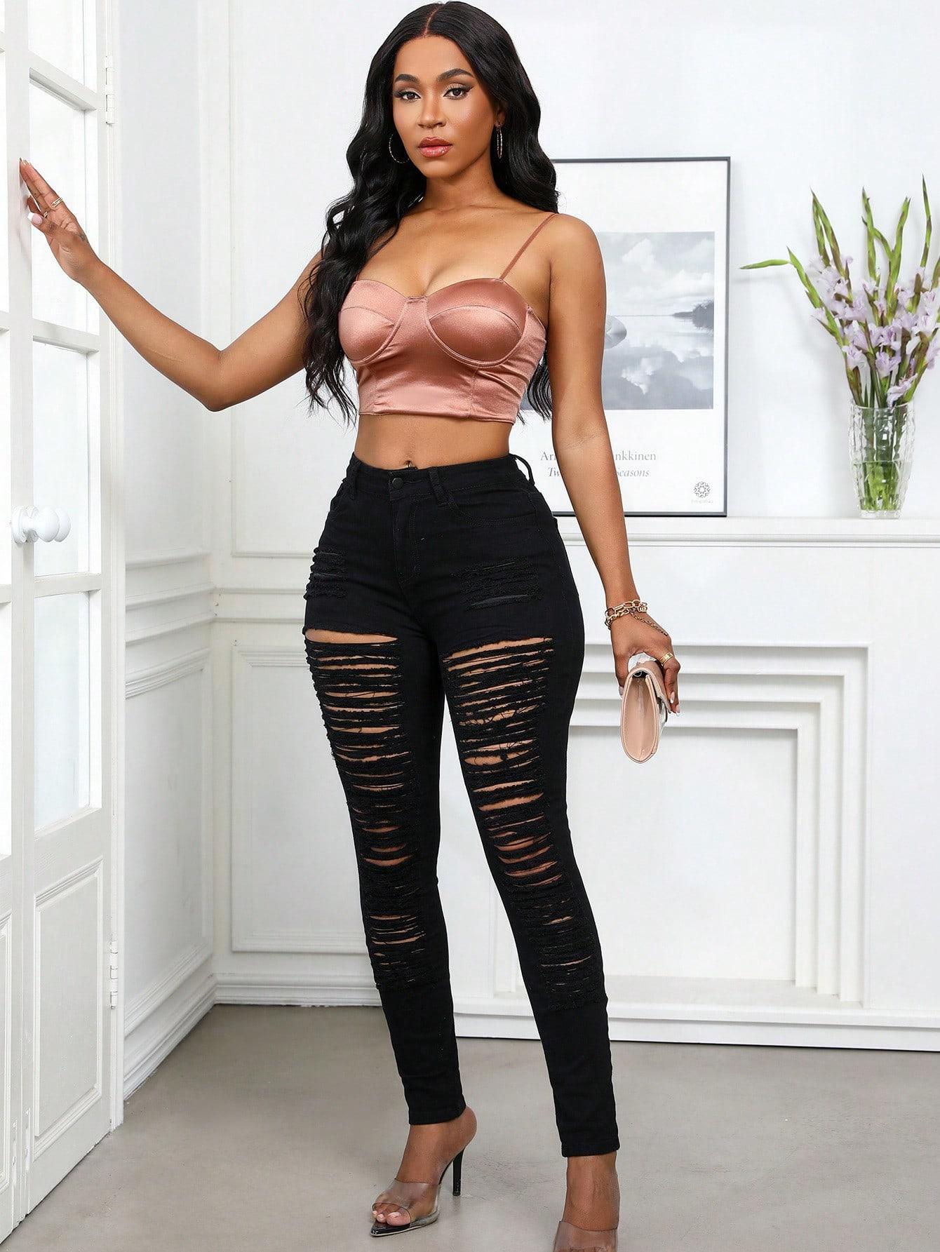 High Waist Extreme Ripped Skinny Jeans | Heavy Distressed Destroyed Denim | Sexy Cut-Out Pants for Women 2026