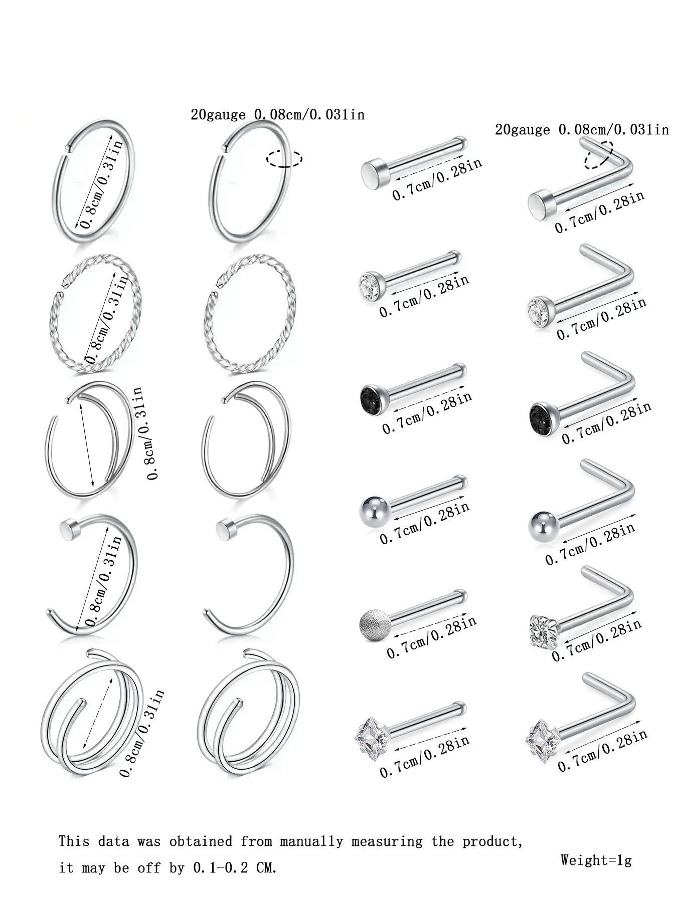 22pcs/set Unisex Rhinestone Decorated Hinged Nose Ring, Stainless Steel Nose Piercing Jewelry, Body Jewelry for Party & Daily Decoration