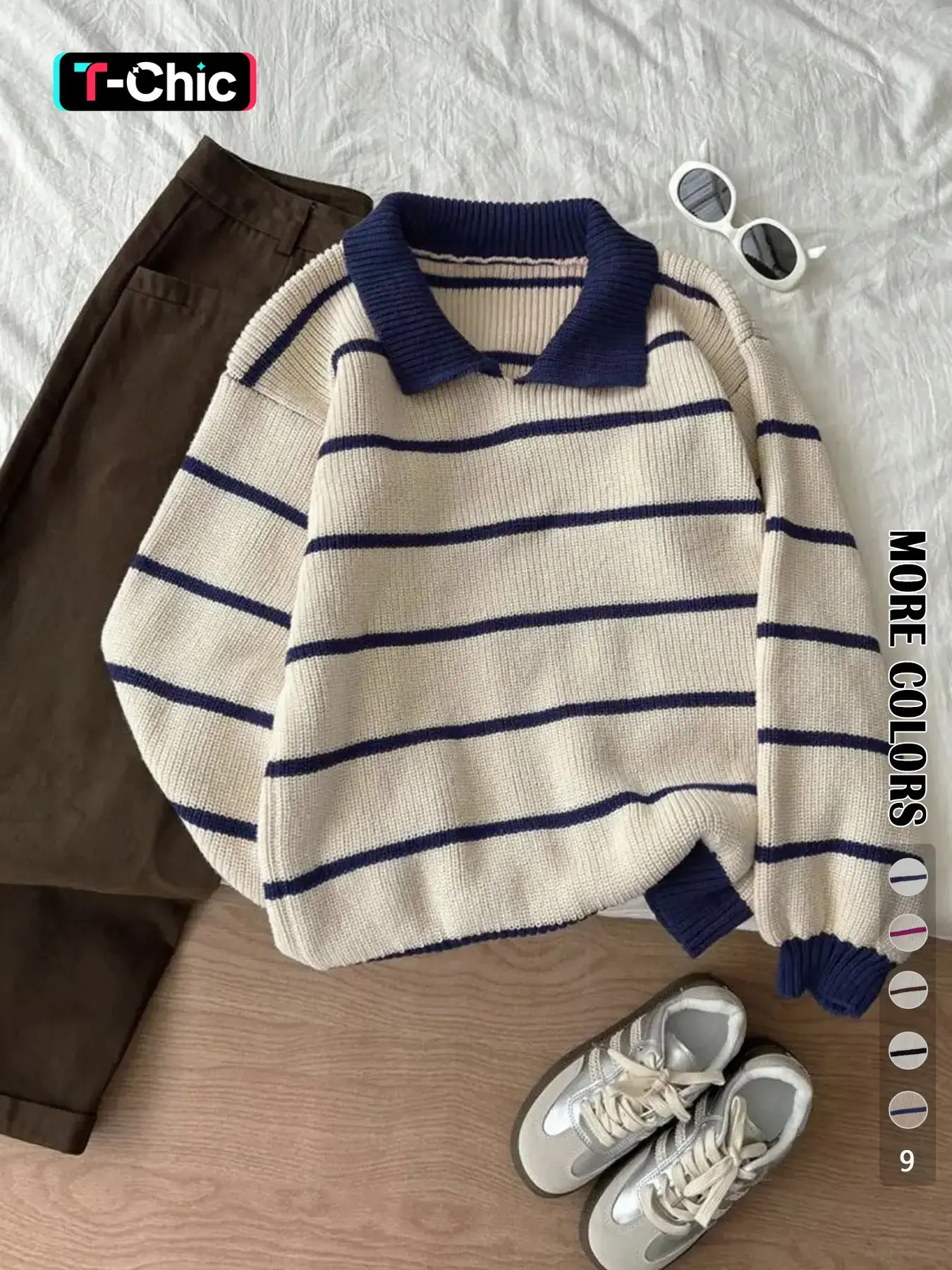 Autumn Winter Striped Polo Neck Long Sleeve Pullover Sweater, Knitted Sweater, Fashionable Lazy Casual Jumper Loose Fit Knitwear, Versatile Style, Tops, Womenswear, Lady, Piece