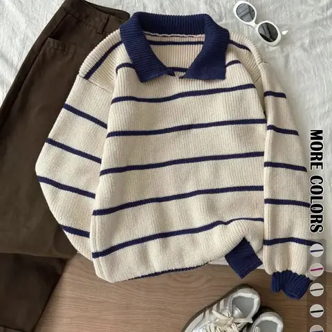 Autumn Winter Striped Polo Neck Long Sleeve Pullover Sweater, Fashionable Lazy Casual Jumper Loose Fit Knitwear, Versatile Style, Tops, Womenswear, Lady, Piece, Knitwear For Fall