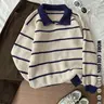 Autumn Winter Striped Polo Neck Long Sleeve Pullover Sweater, Fashionable Lazy Casual Jumper Loose Fit Knitwear, Versatile Style, Tops, Womenswear, Lady, Piece, Knitwear For Fall