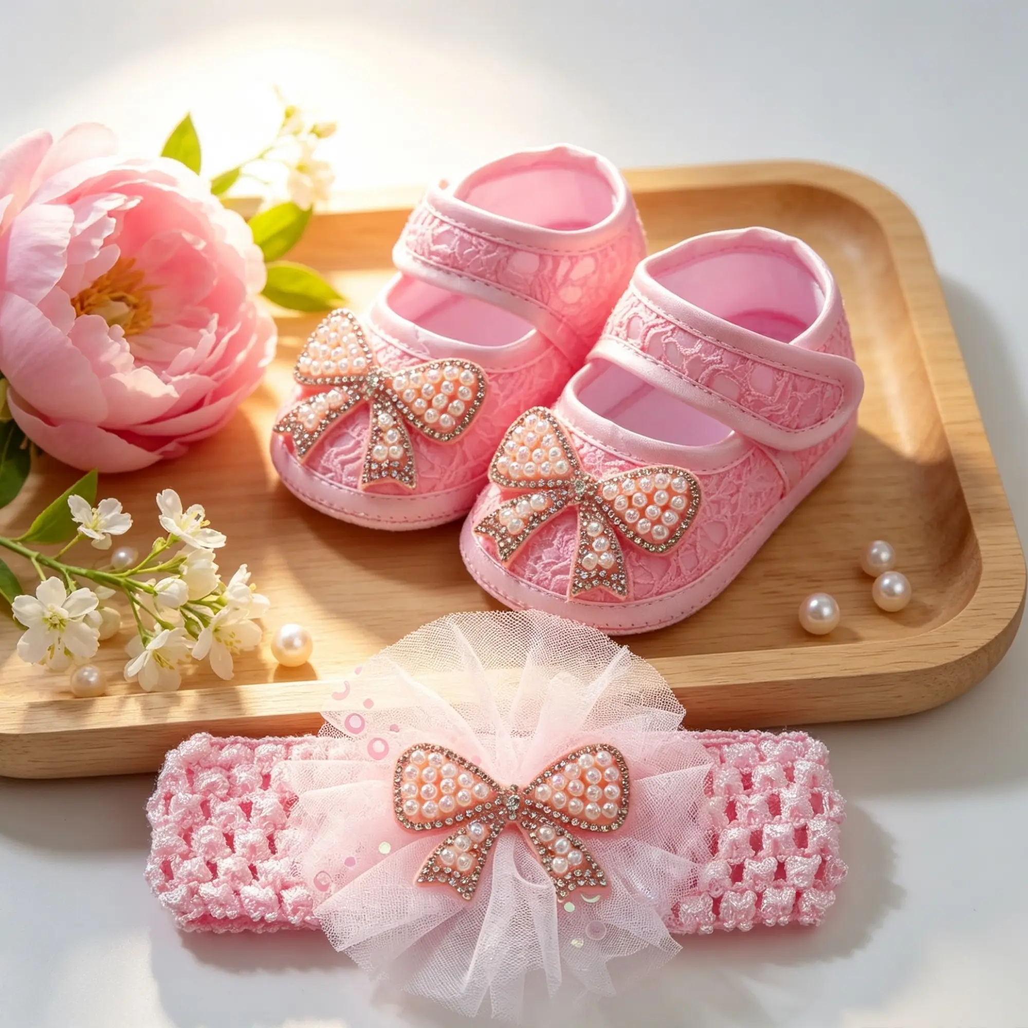 Toddler Baby Girl Walking Shoes Infant Crib Shoes Lightweight Comfy Baby Slippers Pearl Bow Shoes + Headband Set Toddler Baptism Present