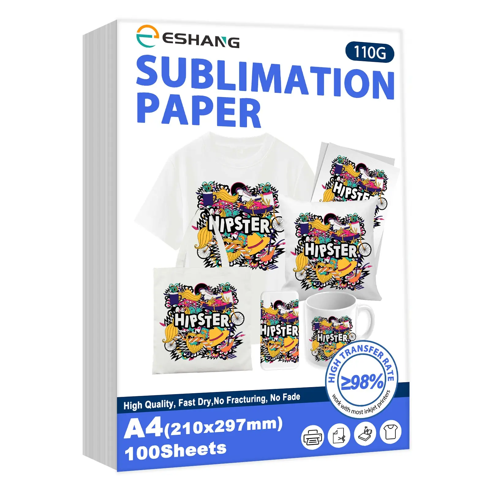 Eshang Heat Transfer Paper A4 (8.3x11.7 Inches) 100 Sheets, 110g, for Light Fabrics, T-Shirts, Mugs, Compatible with Inkjet Printers