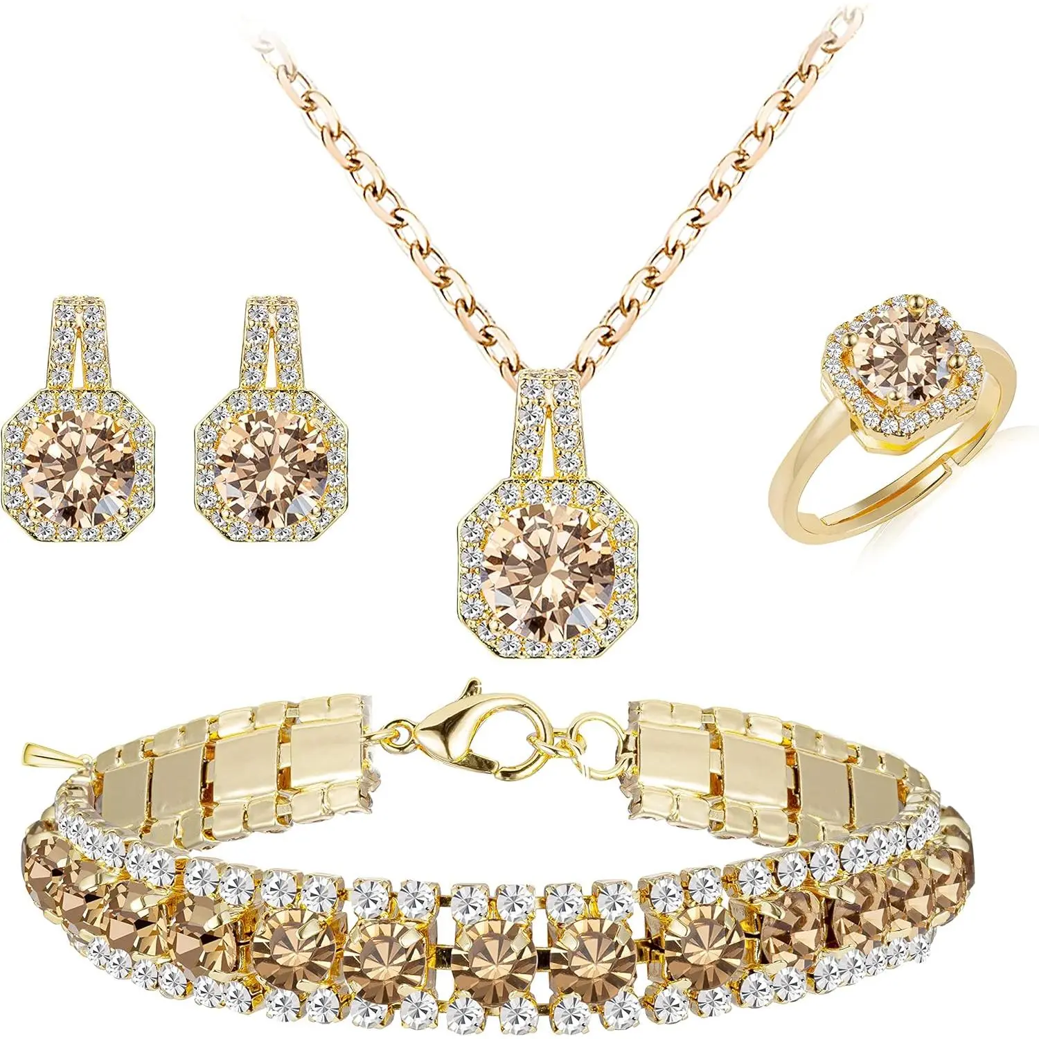 Elegant Cubic Zirconia Jewelry Set for Brides, 4-Piece Wedding Collection with Pendant Necklace, Earrings, Tennis Bracelet, and Ring, Open Ring