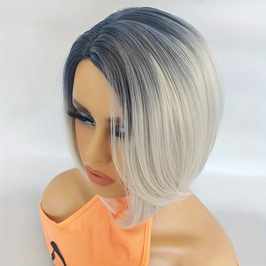 Vanjuu New Arrival Glue-free Straight Short Bob Wig Synthetic Gray Curly Hair Wig