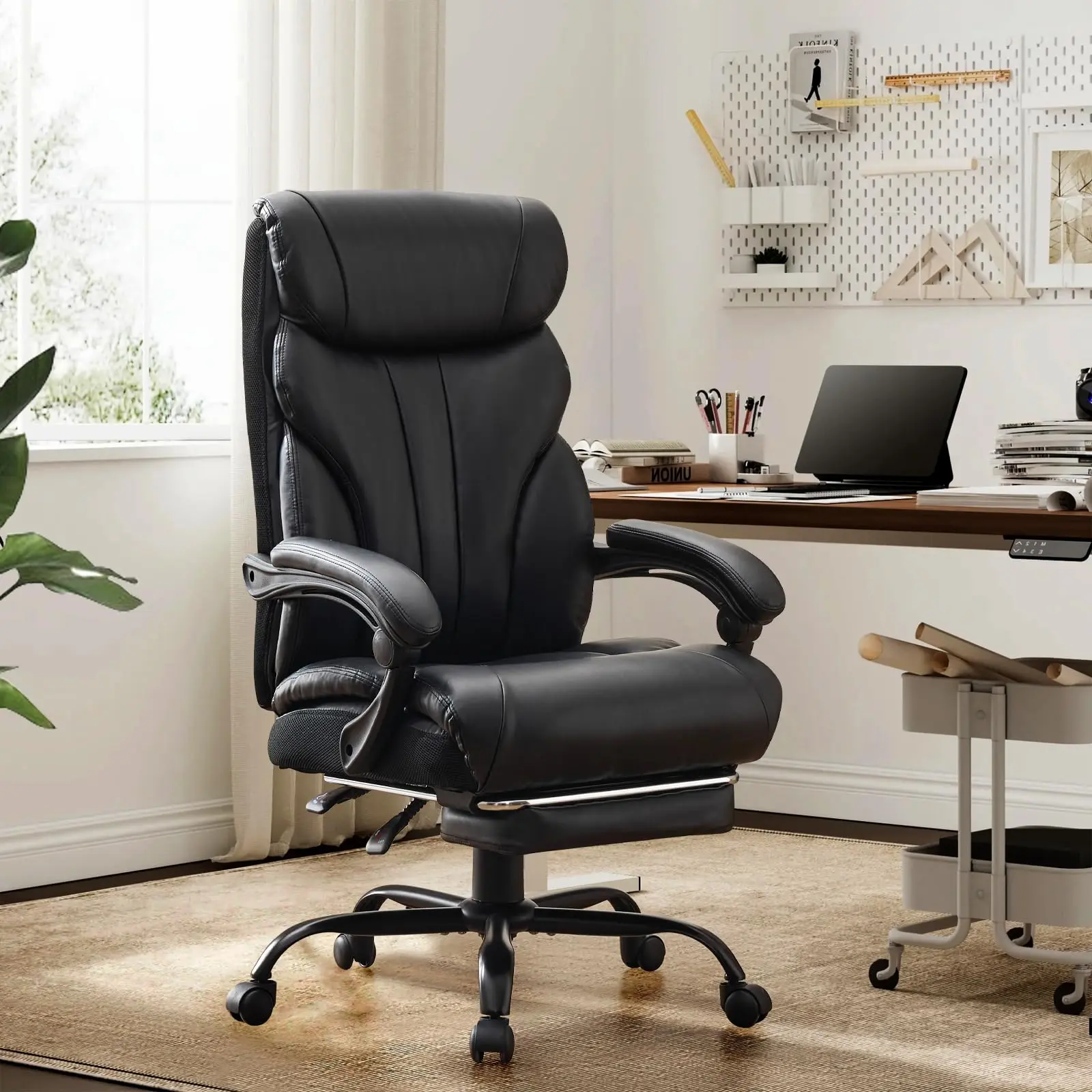 Big & Tall Ergonomic Swivel Rolling Chair, High Back Executive Office Chair with Retractable Footrest, Padded Armrests & Extra Wide Seat, 350 lbs Weight Capacity Comfort Chair for Home & Workspace