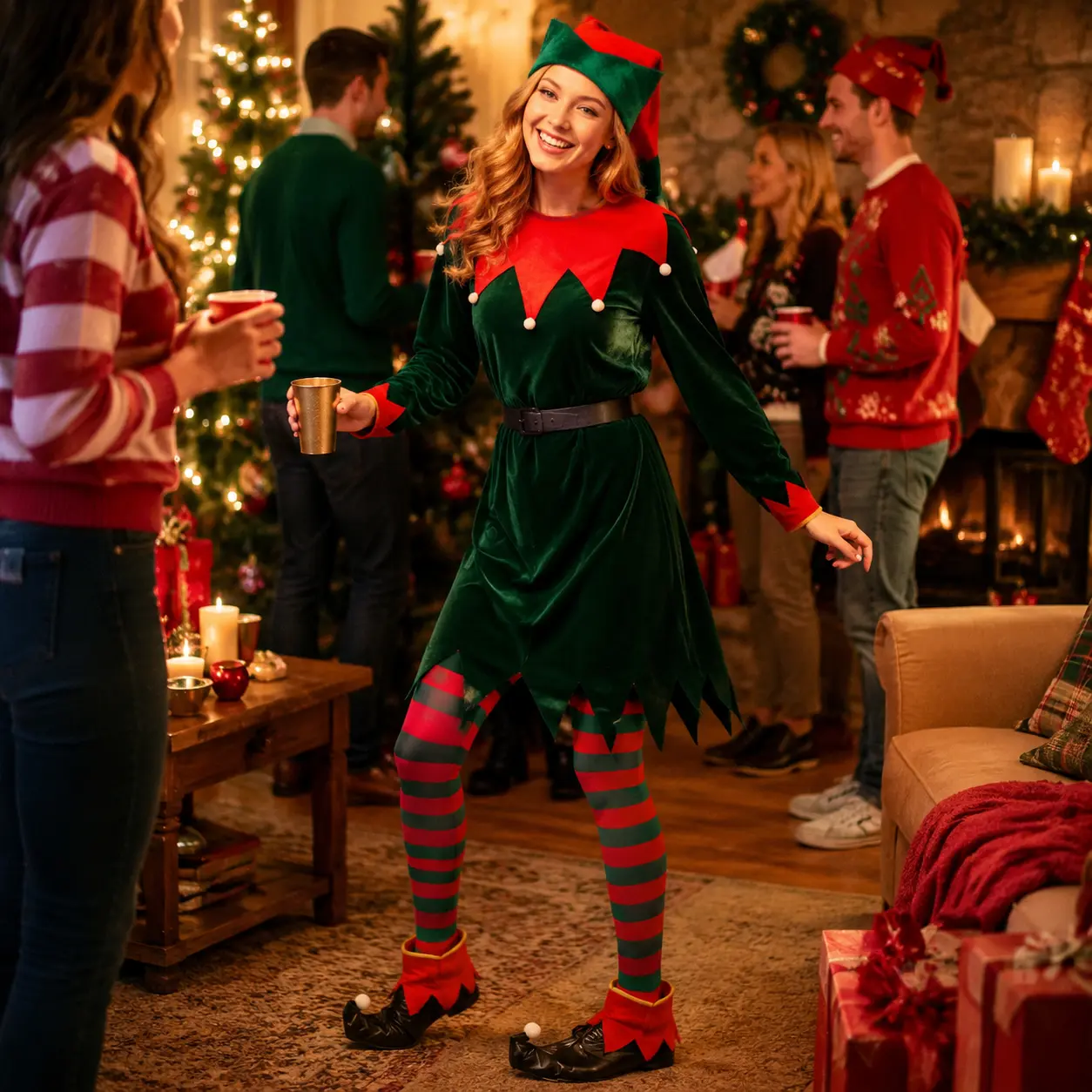 Women's Christmas Elf Costume Set - Holiday Party Performance Dress Outfit, Festive Santa's Helper Cosplay for Halloween & Christmas