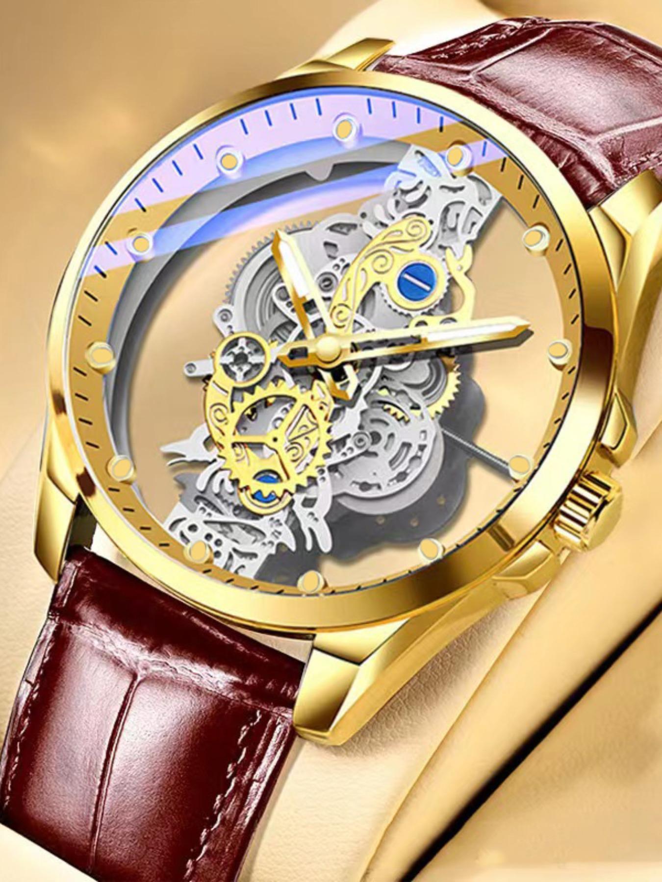 Men's Fashion Sporty Watch, Hollow out Design Round Dial Clasp Analog Quartz Watch, Elegant Business Wristwatch for Daily or Formal Occasions As Gift, with Box