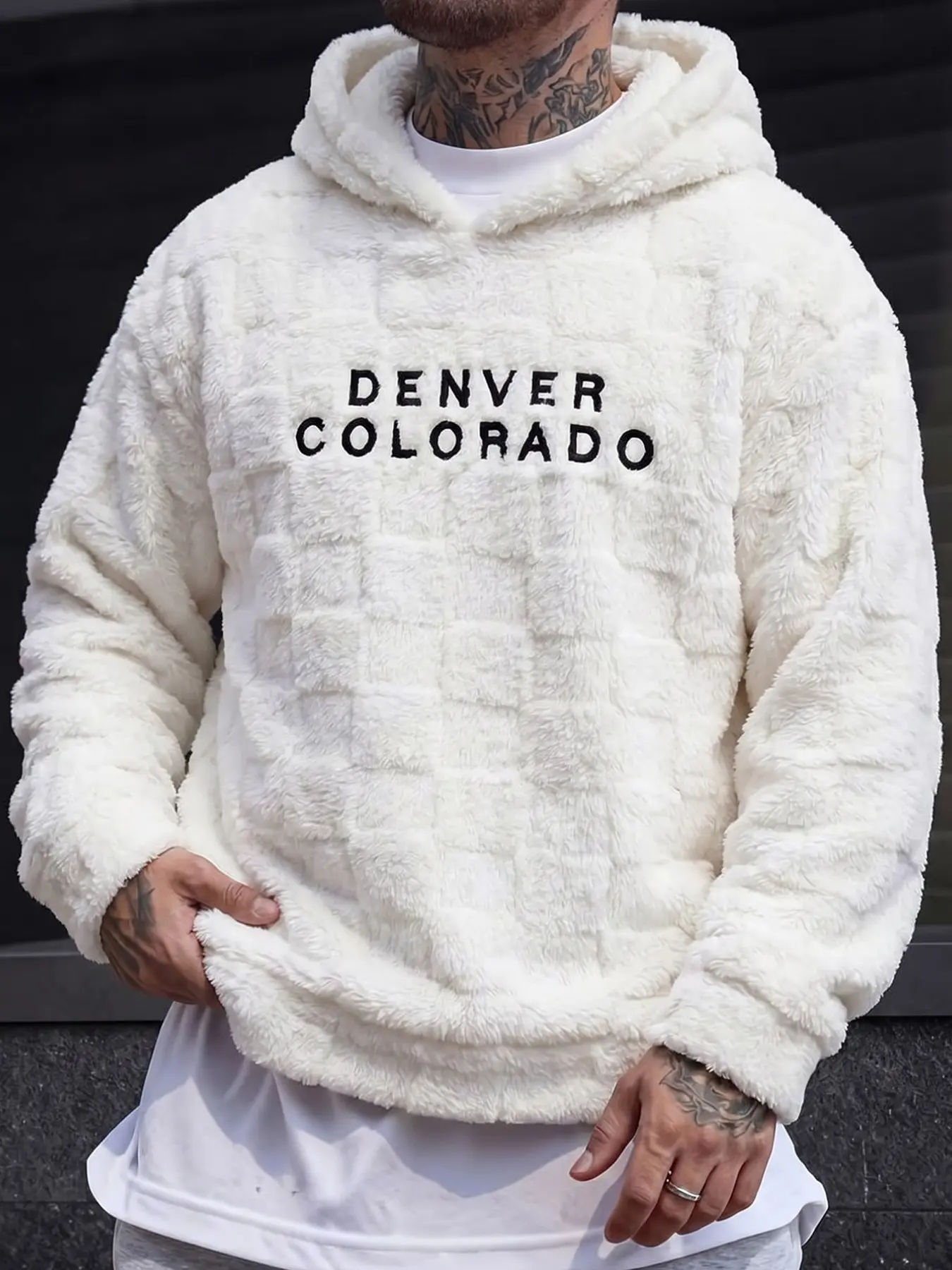 Denver Letter Embroidered Fleece Hoodie, Men's Thick Soft Plaid Fuzzy Casual Top, Perfect for Fall Winter Streetwear