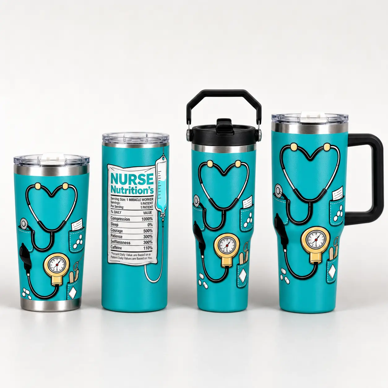 40oz Modern Leakproof Steel Nurse Tumbler for Him - Teal Stethoscope Print, with Handle and Straw
