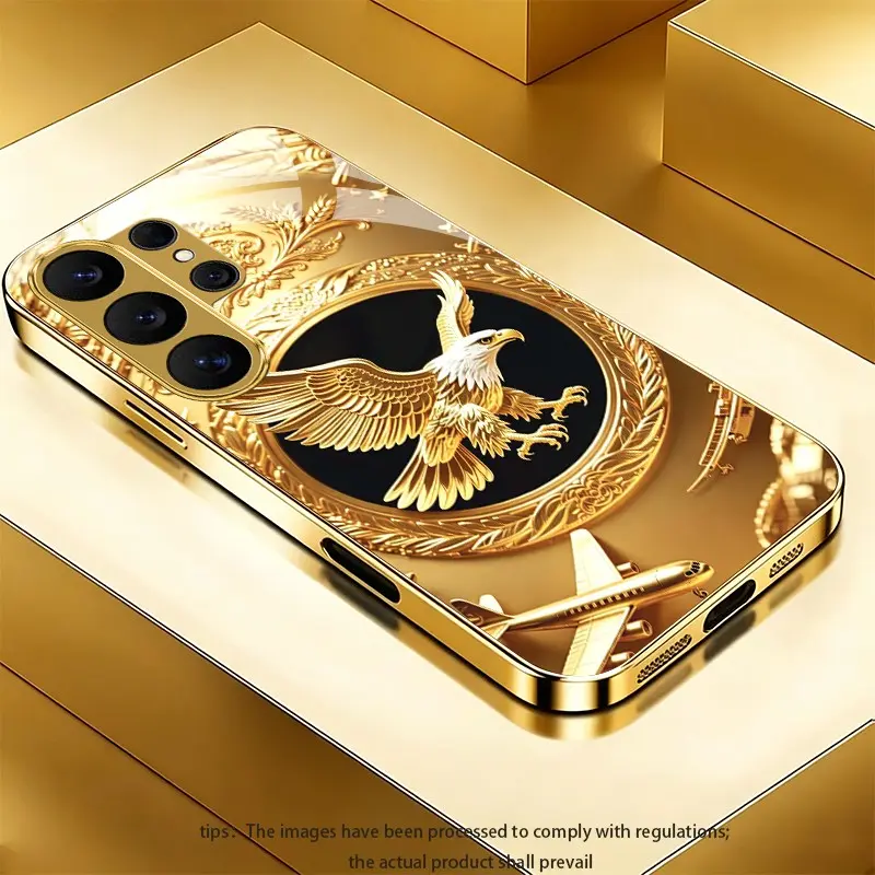 Majestic white-headed golden eagle phone case suitable for Samsung Galaxy Note 10/Galaxy Note 10+/Galaxy Note 20/Galaxy Note 8/Galaxy Note 9/Galaxy Note 20 Ultra/Galaxy S8+/Galaxy S9+/Galaxy S10/Galaxy S10+ Light luxury gold glass texture phone case