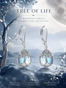 Women's Elegant 925 Silver Life Tree Moonstone Pendant Earrings, Bohemian Style Dangle Earrings, Perfect for Daily Wear and Gifts
