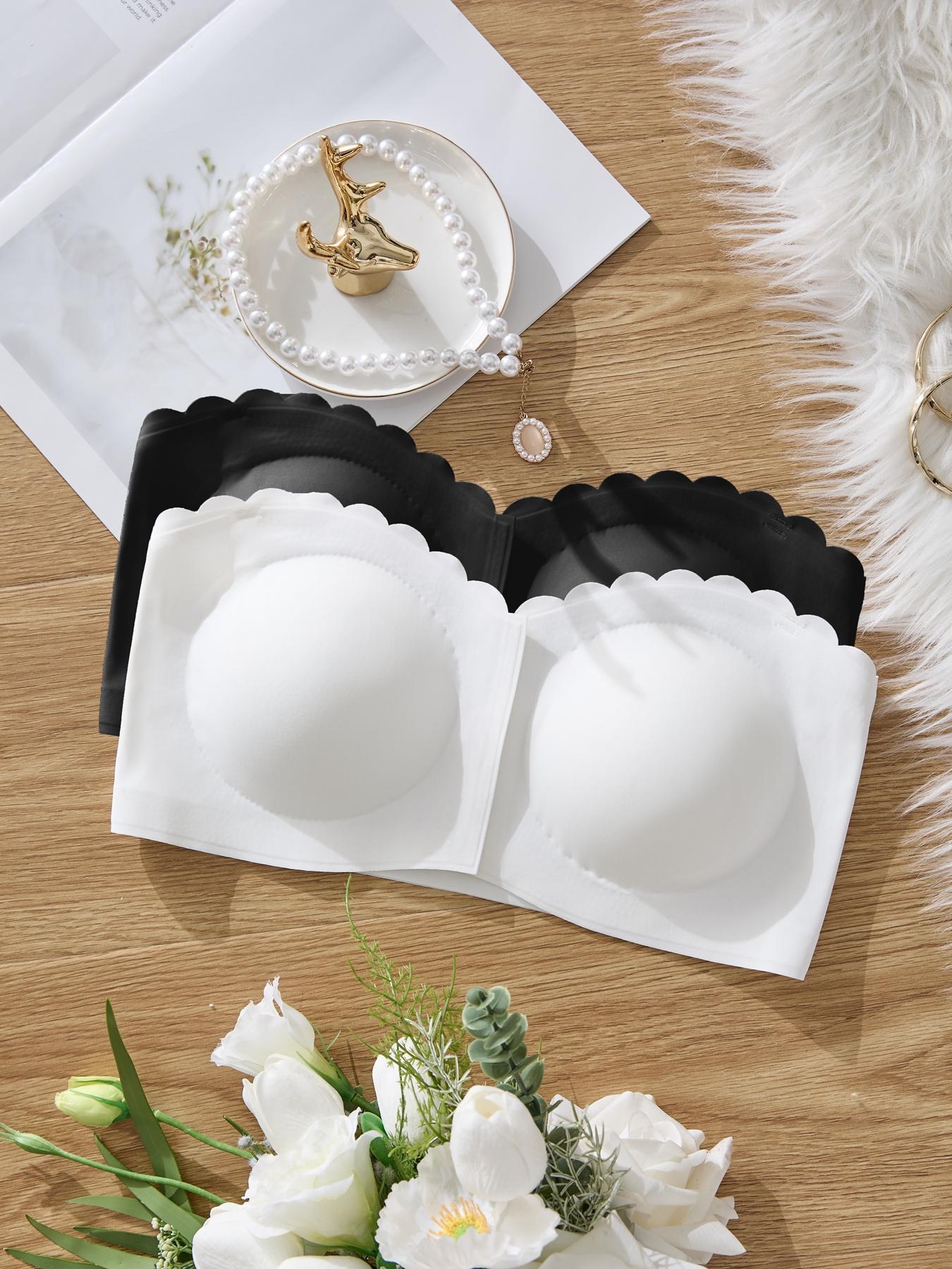 Women's Solid Scallop Trim Hook & Eye Front Wireless Bandeau Bra, Breathable Strapless Bralette Lingerie for Daily Wear, Lingerie Top for All Seasons, Bras for Women
