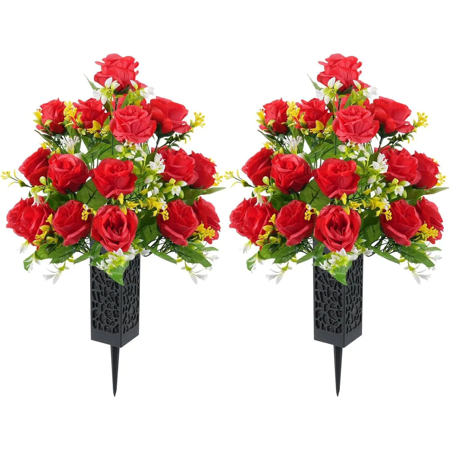 2 Sets Hollow Decorative Silk Red Cemetery Flower Bouquets, Artificial Memorial Flowers with Plastic Cemetery Vase for Memorial Day, Gravesite Headstone Decorations