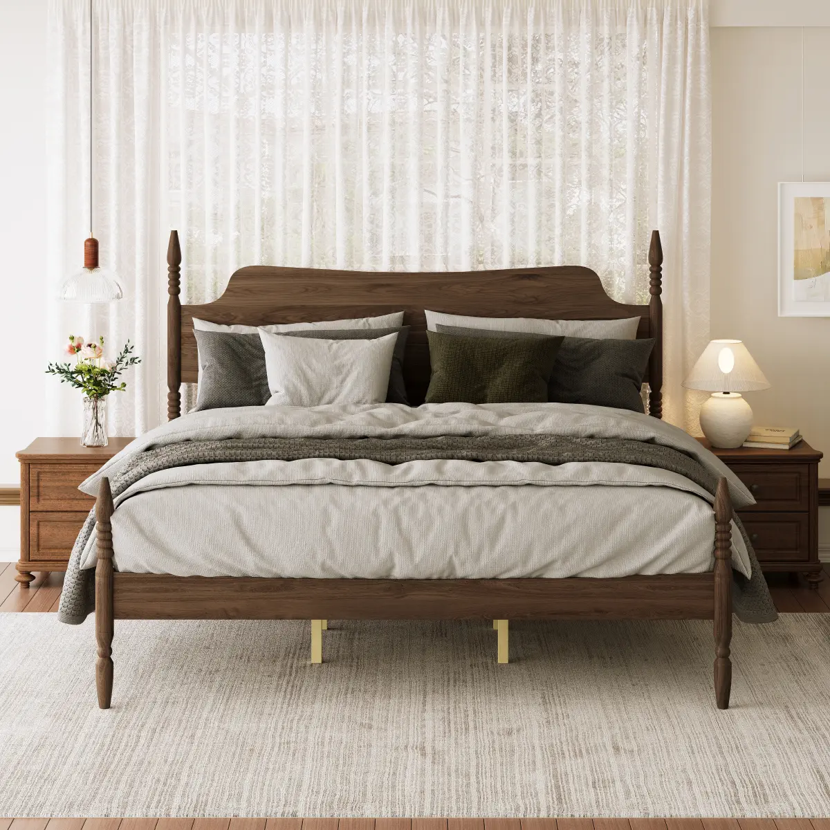 King Size Platform Bed Frame, Spindle Bed with Curved Tall Headboard, No Box Spring Needed, Retro Four Poster Bed, Walnut
