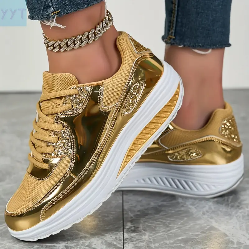 Women's YYT1 Closed Sparkling Athletic Trainer - Height-Increasing Wedge Rocking Shoes, Outdoor Sports & Walking Shoes, Sports Shoes