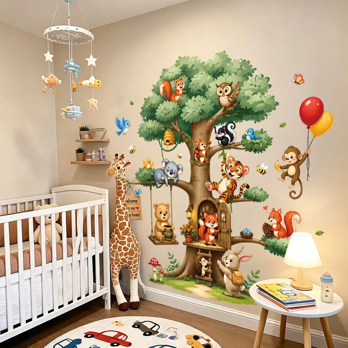 Happy Forest Tree Wall Sticker Kids Room 3D Woodland Animal Nursery Decor Bear Fox Rabbit Owl Tiger Monkey Bunny Treehouse Wall Decals Peel and Stick Baby Bedroom Playroom Wall Art