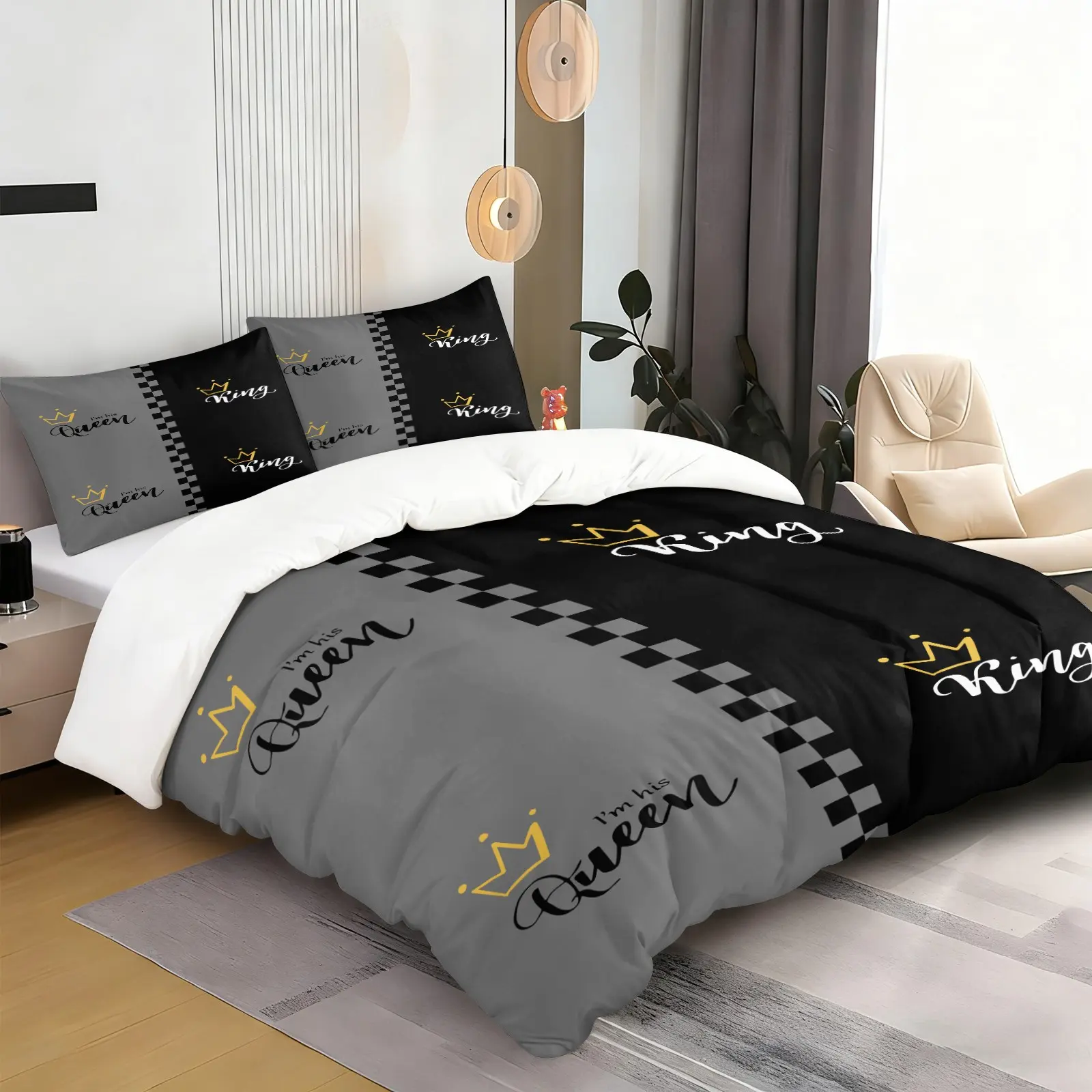 2/3Pcs Lover Duvet Cover Set, 1 Duvet Cover & 1/2 Pillowcase Bedding Set No Filling, Romantic Advanced Gray & Black Couple Style for Bedroom Master Room Wedding Room for Men Women Lovers, Comfy Bed Sets