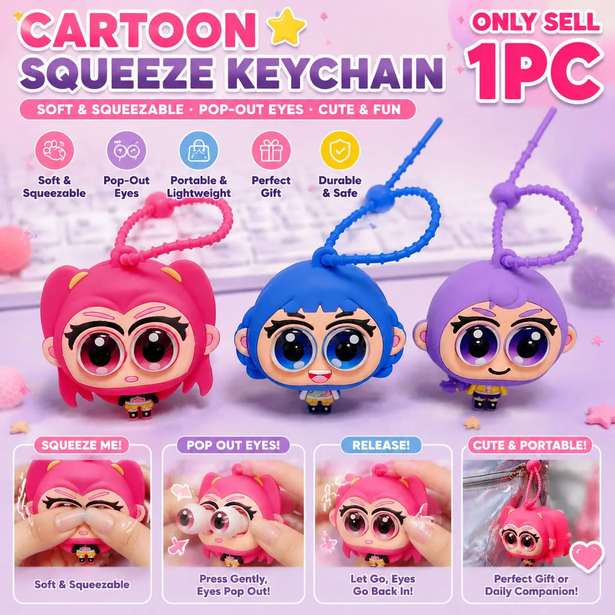 Out Eye Silicone Keychain, Kids Stress Relief Squeeze N Squishy Fidget Toy Pendant, Cartoon Anime Character Bag Charm Mini Coin Wallet Hanging Ornament, Novelty Popping Eyeball Squeezy Toy, Ideal Party Favor & Children Holiday Gift
