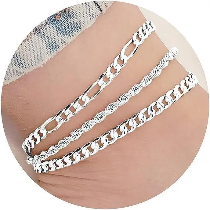 Women's Sterling Silver Ankle Bracelet - Waterproof, Multi-Link Design with Various Chain Styles for Summer Beach Use