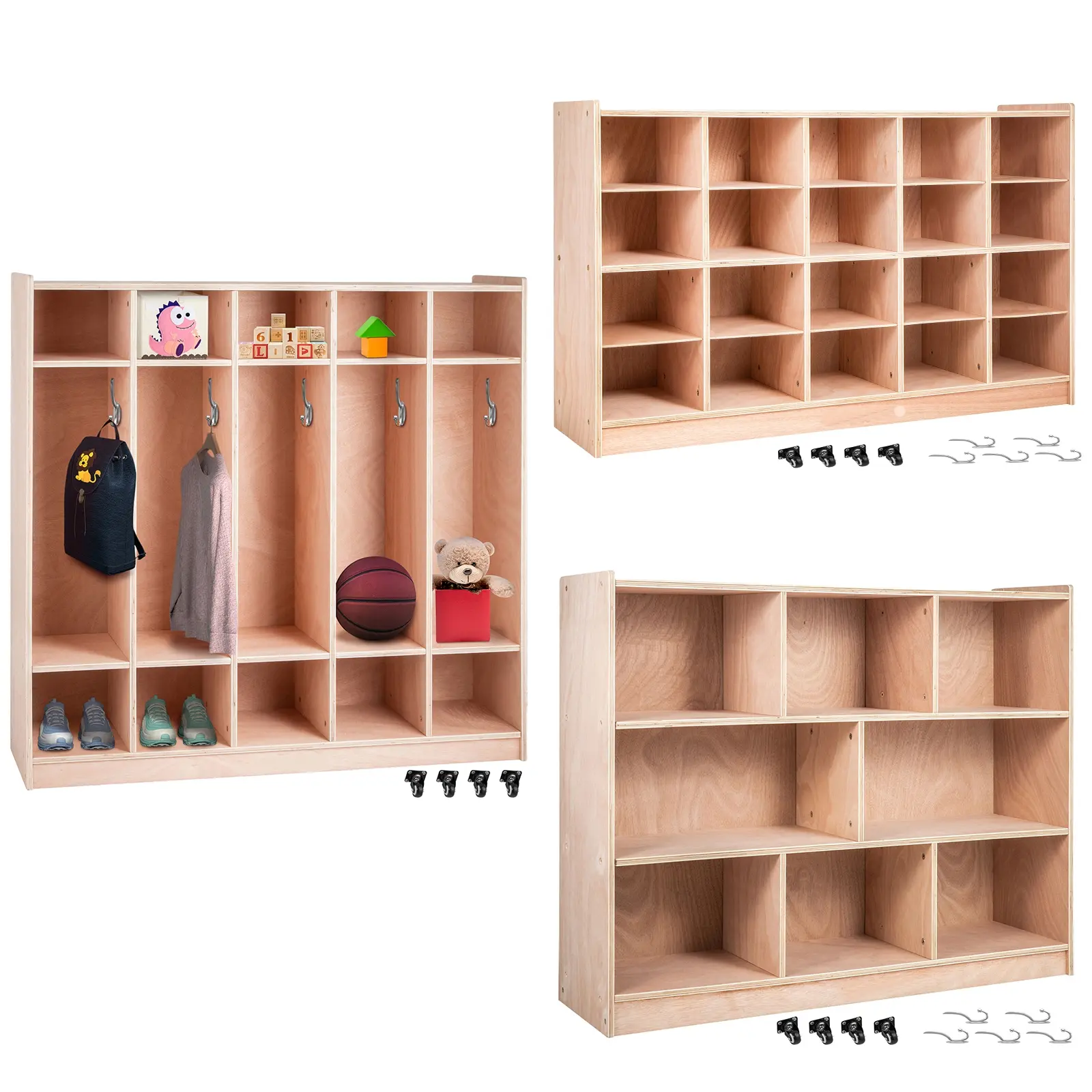 Cubby Mobile Tray Storage Cabinet, 154 lbs/ 70 kg Maximum Load Capacity, Birch Plywood Construction, 20-Compartment Cubby Storage Shelf, Organized Storage