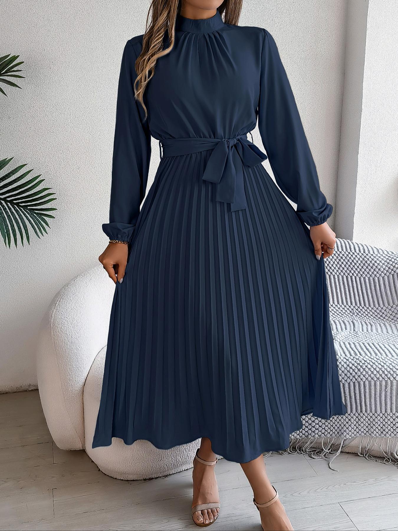 Women's Elegant Chic Long Sleeve Belted Pleated Dress, Spring & Fall Fitted Plain Design, Middle East Style Maid of Honor Gown