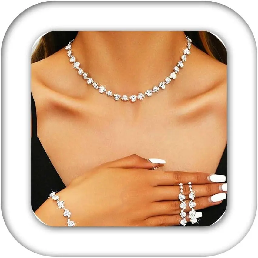 Bridal Wedding Jewelry Set Silver Rhinestones Choker Necklaces Earrings Bracelet Sets Prom Jewelry for Women and BridesGift