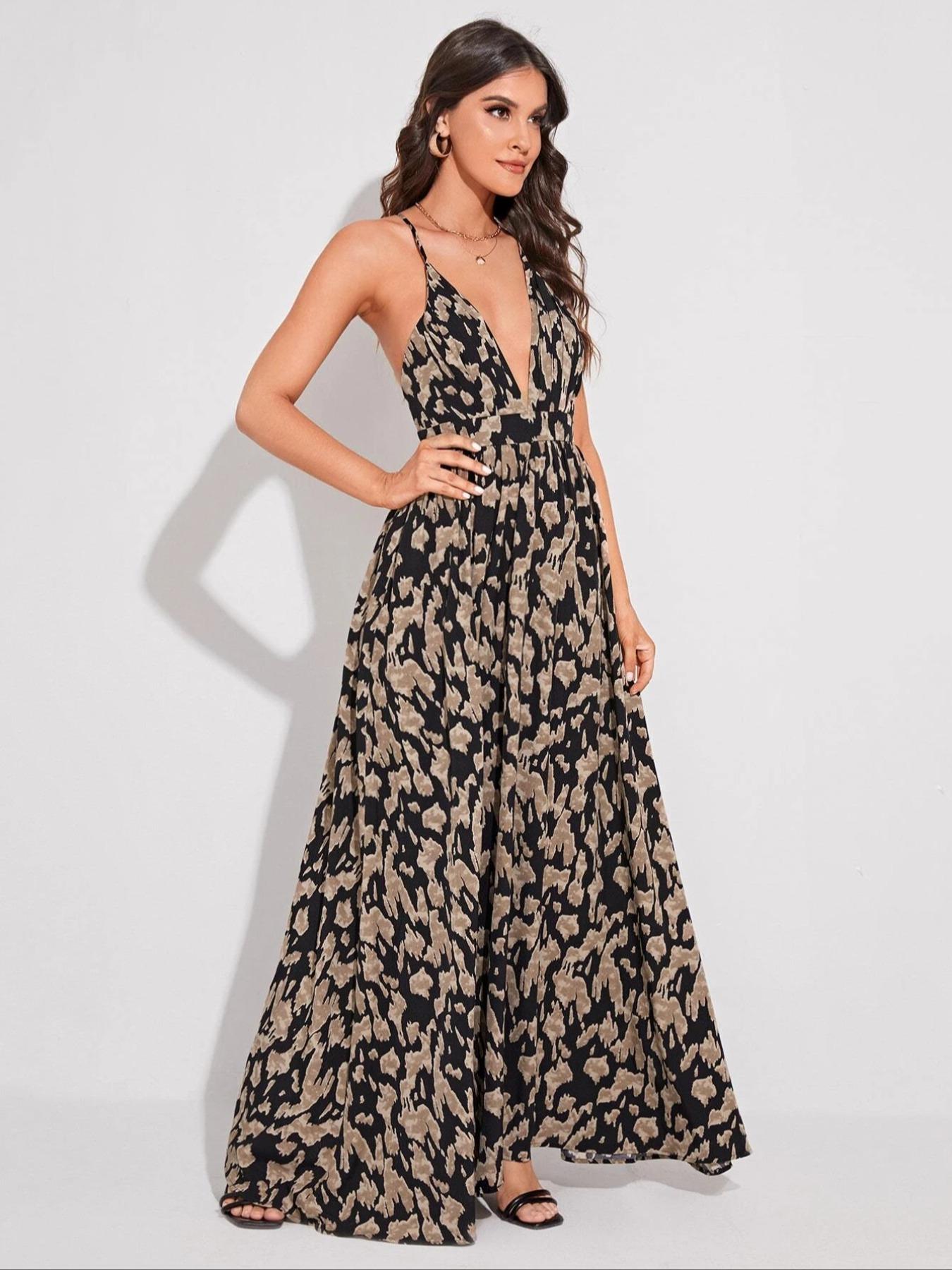 Women's All Over Print Criss Cross Backless Fitted Cami Dress, Boho Sleeveless Maxi Dress for Beach Holiday Vacation, suitable for all seasons