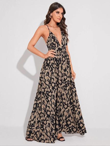 Women's All Over Print Criss Cross Backless Fitted Cami Dress, Boho Sleeveless Maxi Dress for Beach Holiday Vacation, suitable for all seasons