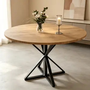 47" Round Dining Table, Modern Circular Kitchen Table with Intersecting K-Shaped Metal Base, Industrial Wooden Leisure Table for 4, Perfect for Small Spaces, Dining Room & Apartment, Rustic Brown
